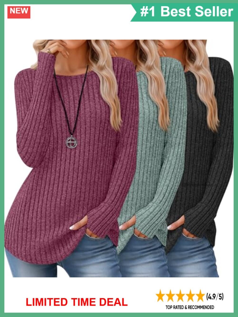 3 Pack Women's Boat Neck Loose Fit Long Sleeve Sweater Thumbhole Tunic Pullover